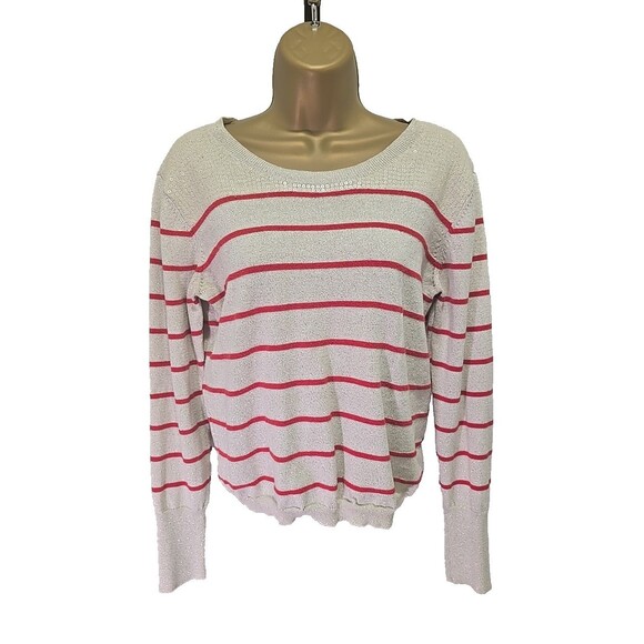Y2K Princess Vera Wang Cream Red Sweater Womens XL  Stripe Sequin Holiday Bow - Picture 1 of 9